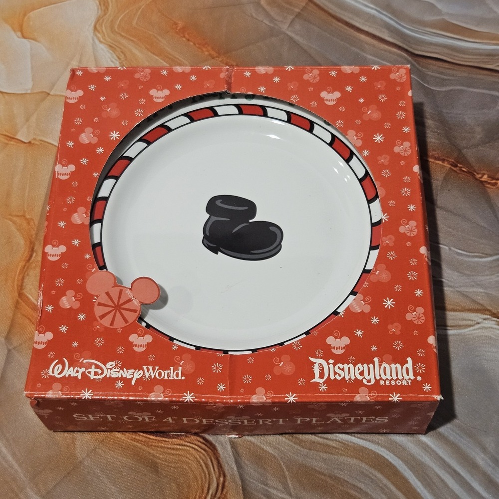 Disney Parks Christmas Dessert Plates Set of 4 Mickey Holiday 8" New in Box